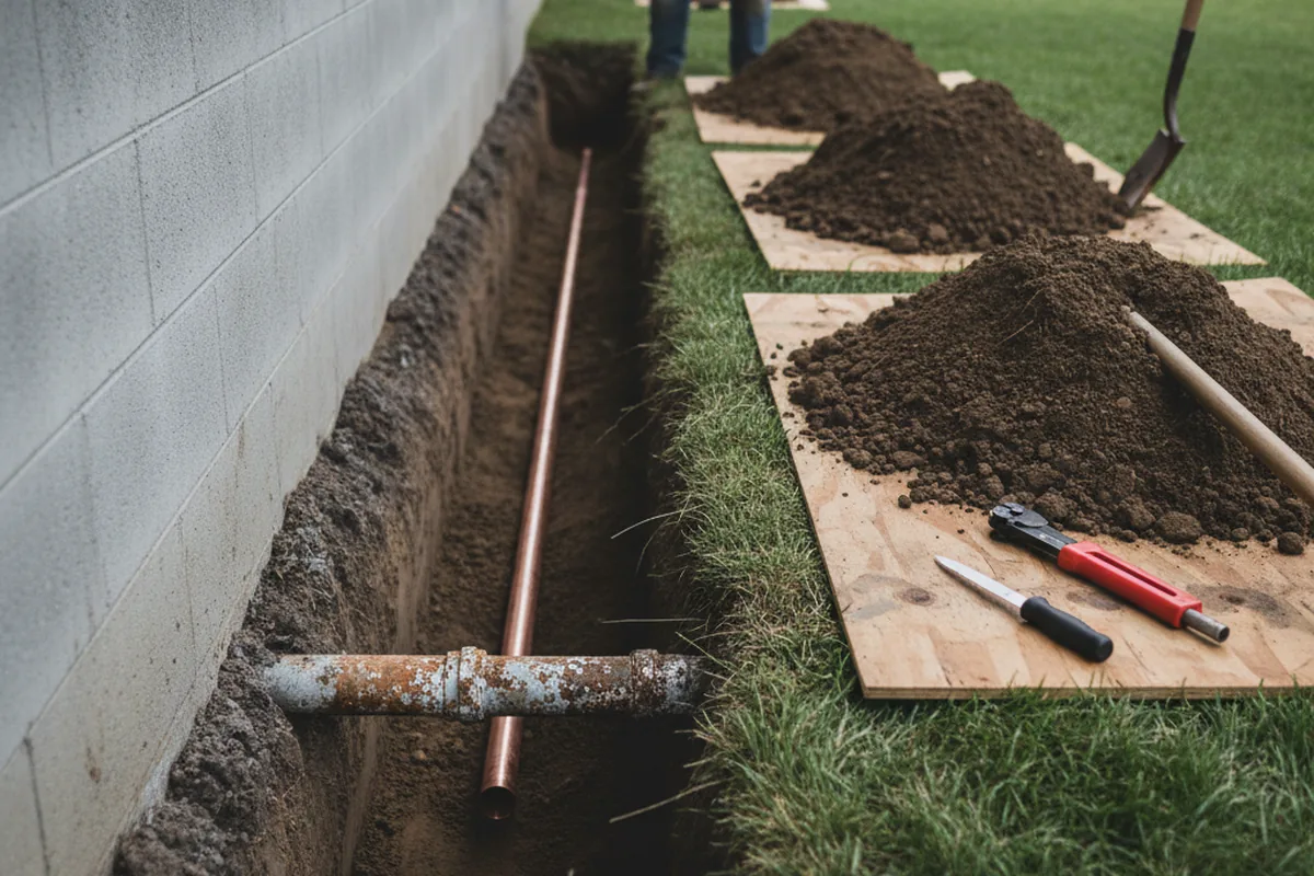 Excavated water line trench during Sewer Line Repair in Queens Village